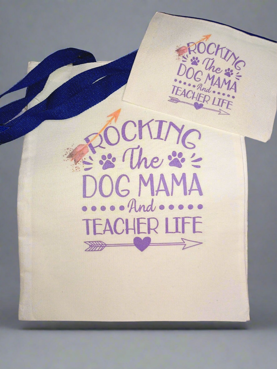 Dog Mom teacher life tote & zipper bag set: dark blue