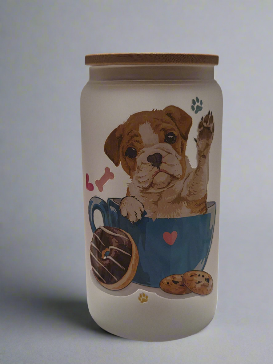 Puppy Donut Party glass jar