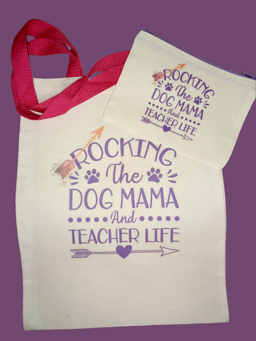 Dog Mom teacher life tote & zipper bag set: pink & purple