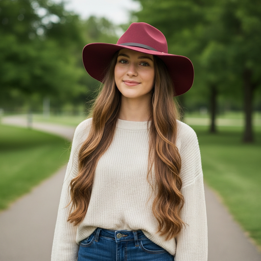 Pinched Front Western Style Hat -  Burgundy